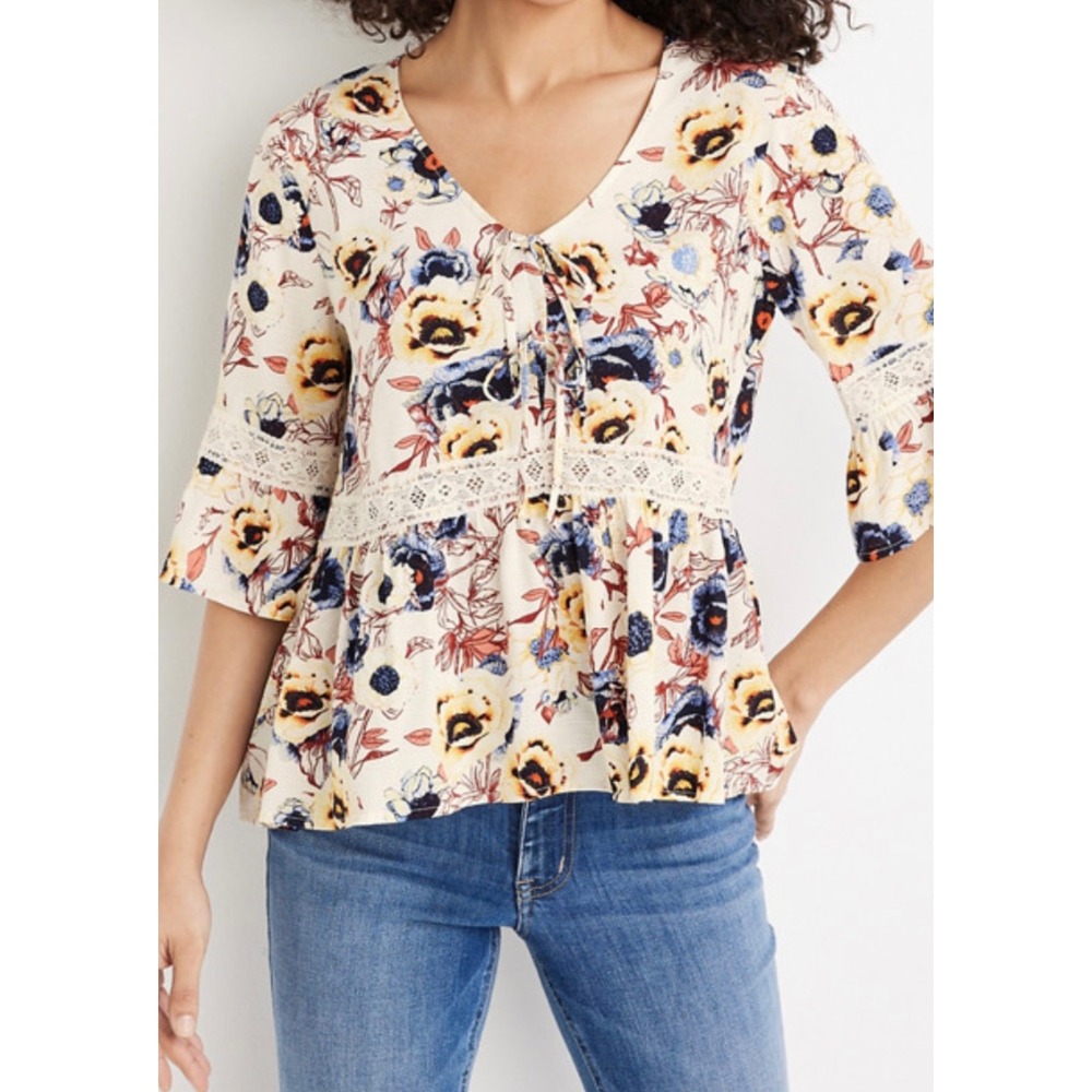 Maurices Womens 2X Floral Babydoll Top Blue Yellow Lace‎ Trim Bell Sleeve NWT
